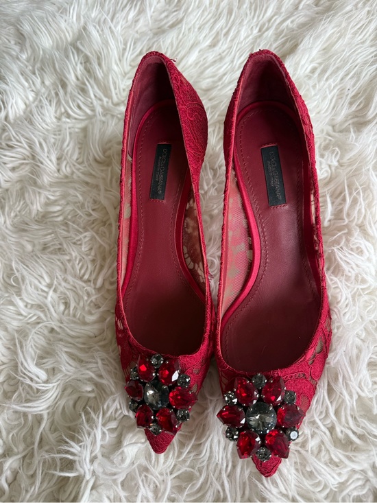 Dolce & Gabbana Shoes - Dolce & Gabbana Red Lace Pointed Heels with Gem Cluster